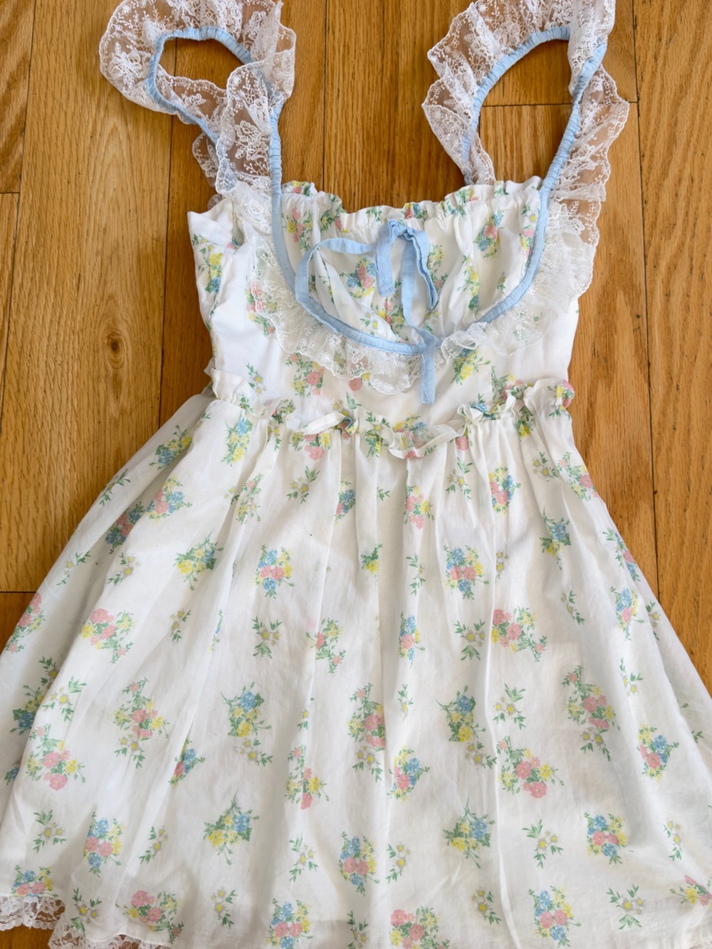 For Love & Lemons Sage Floral Mini Dress with Blue Trim and lace - Picture 1 of 6